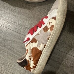 Vintage Havana Cow Print Sneakers with Red Laces